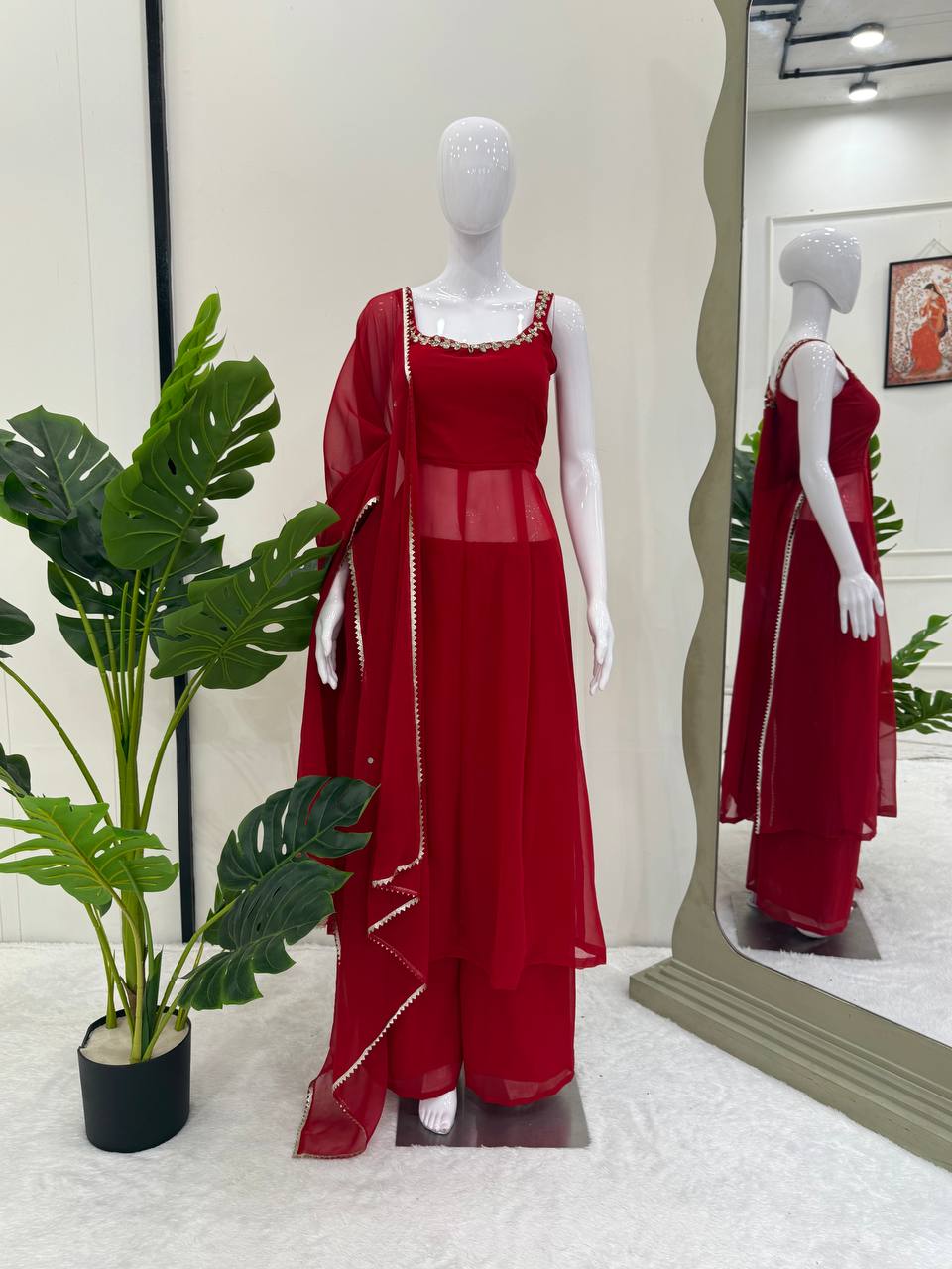 Red Faux Georgette Handwork Real Mirror Top with Palazzo and Dupatta Set