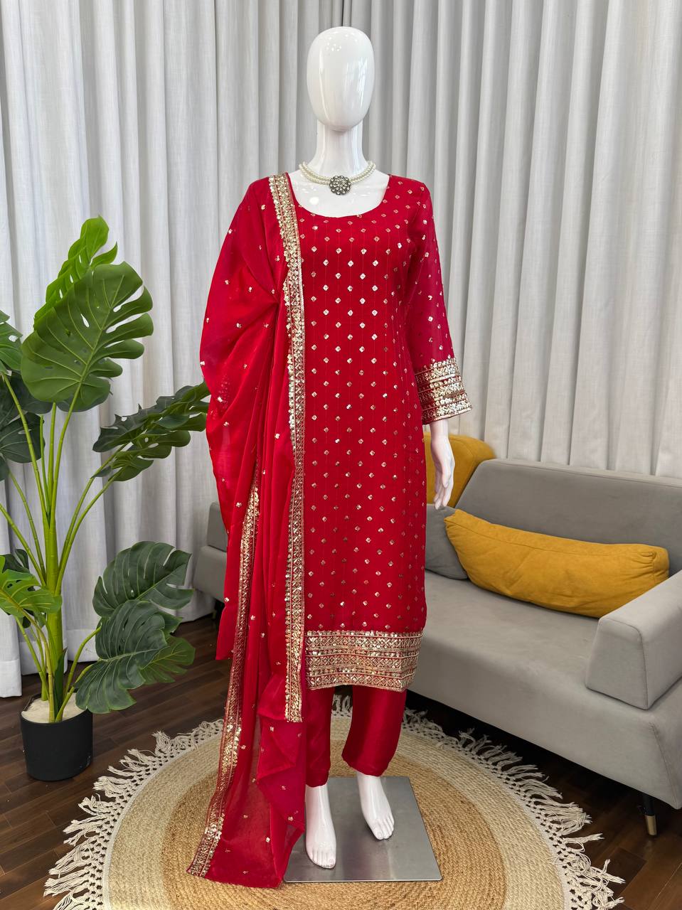 Red Silk Sequence Work Pant and Dupatta Set