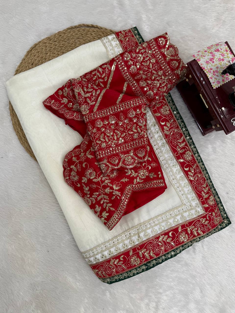 White Classic Marodi And Mirror Embroidered Saree