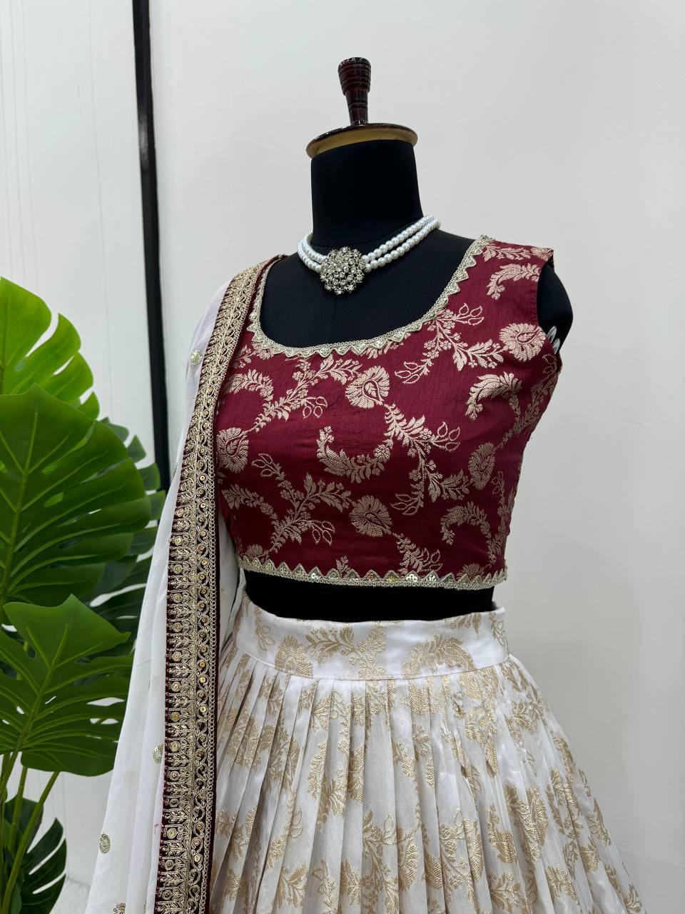 Ivory And Maroon Combination Lehenga Choli Set