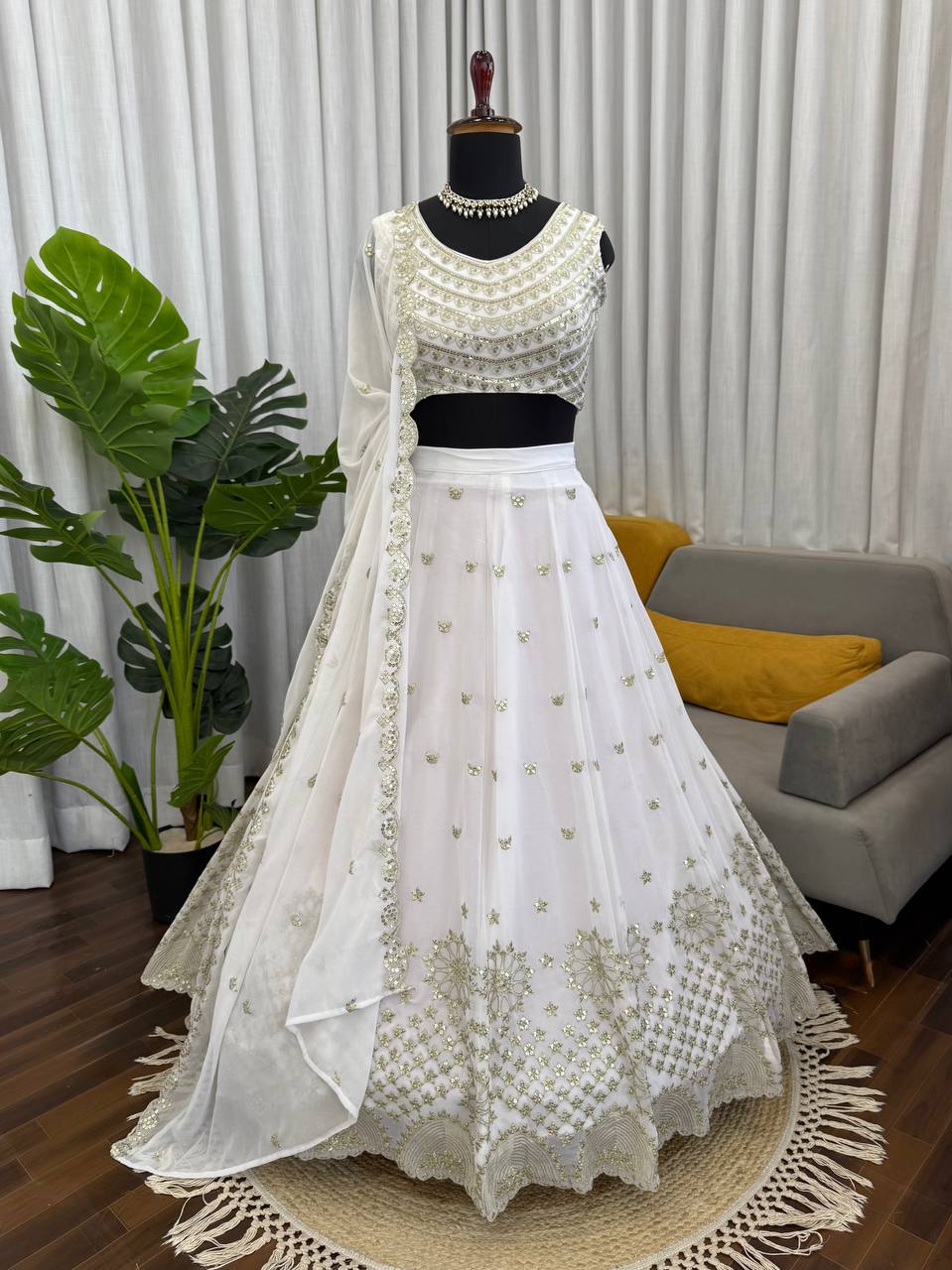 White With Golden Embellished Lehenga Choli Set