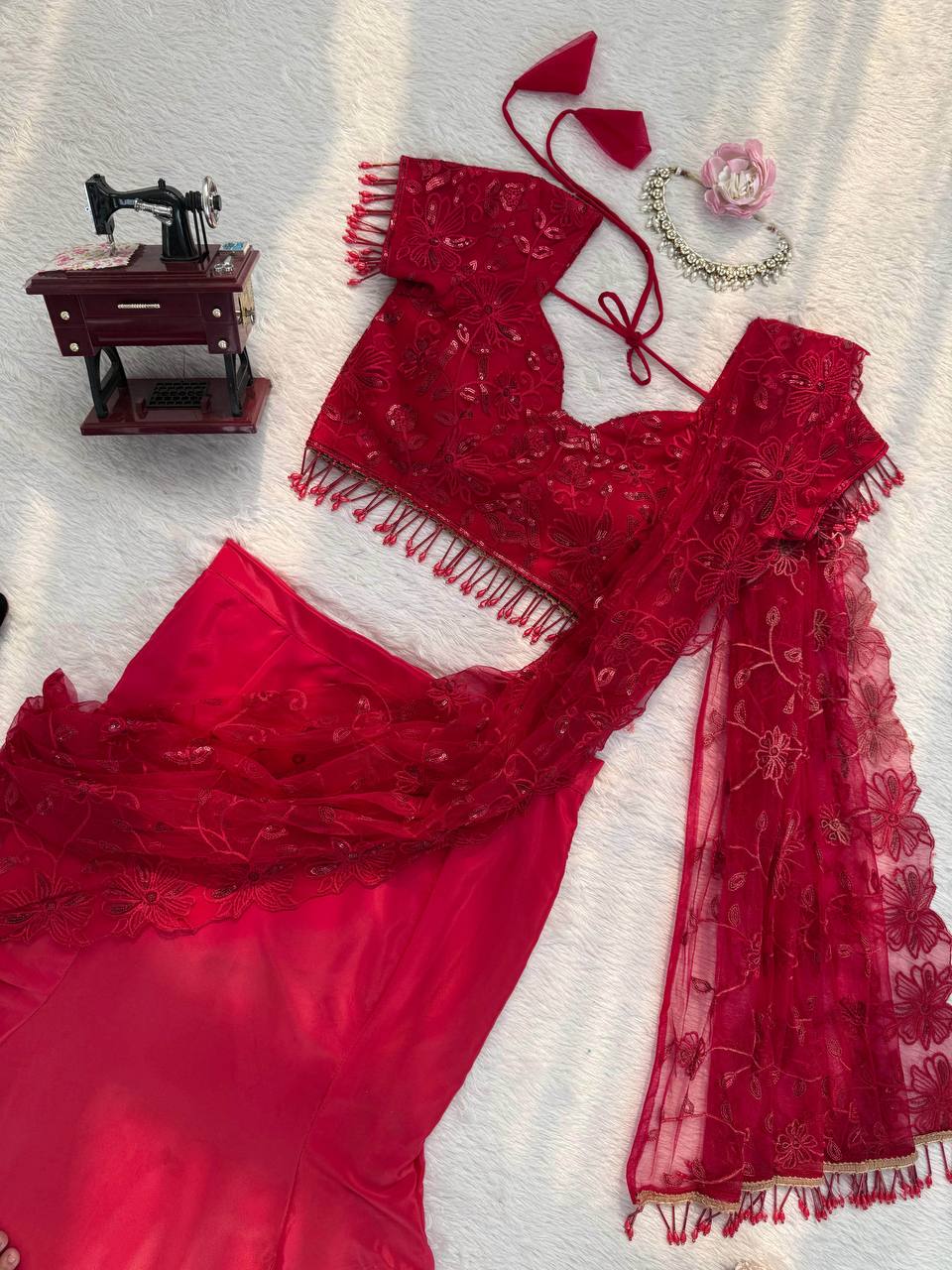 Red Color Designer Lehenga Saree Set