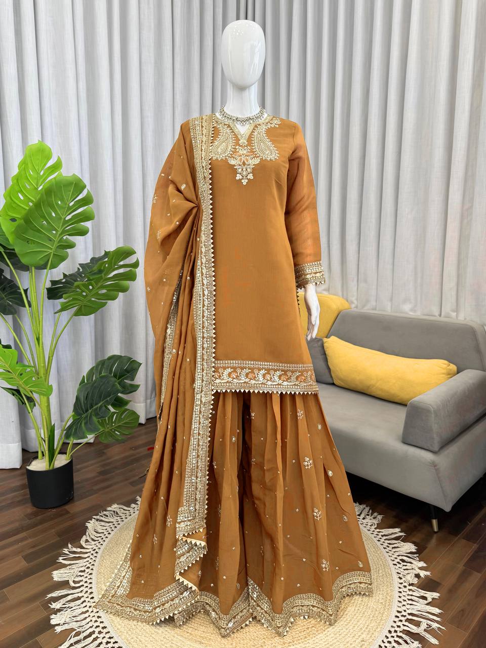 Gold Mustard Color Embroidered Kurta Sharara Set