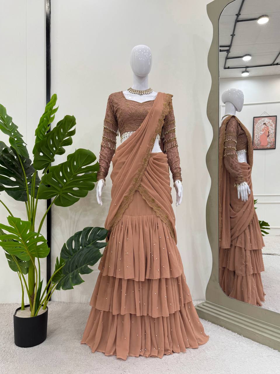 Peach Color Saree with Embroidered Blouse Set
