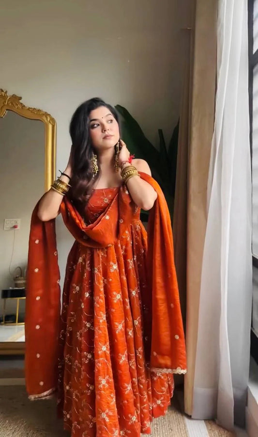 Radiant Elegance Burnt Orange Embroidered Anarkali Suit Set