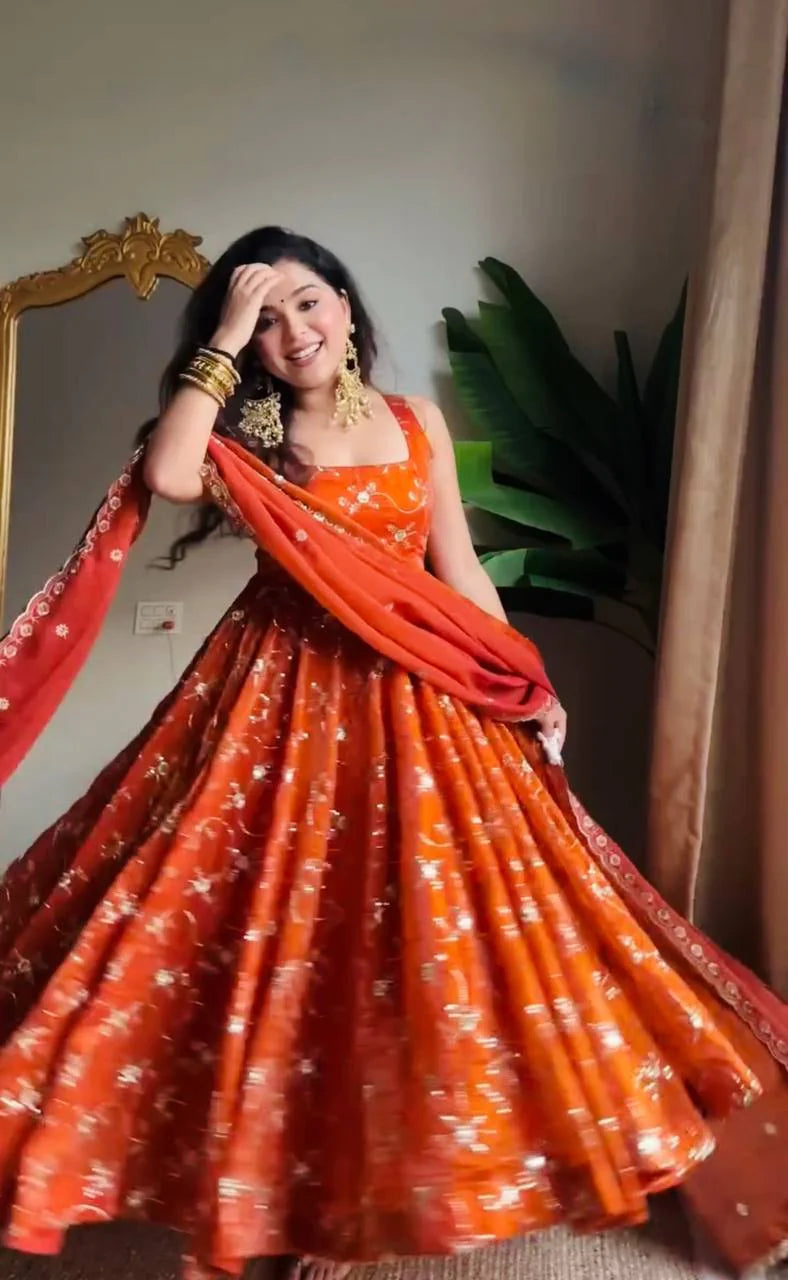 Radiant Elegance Burnt Orange Embroidered Anarkali Suit Set