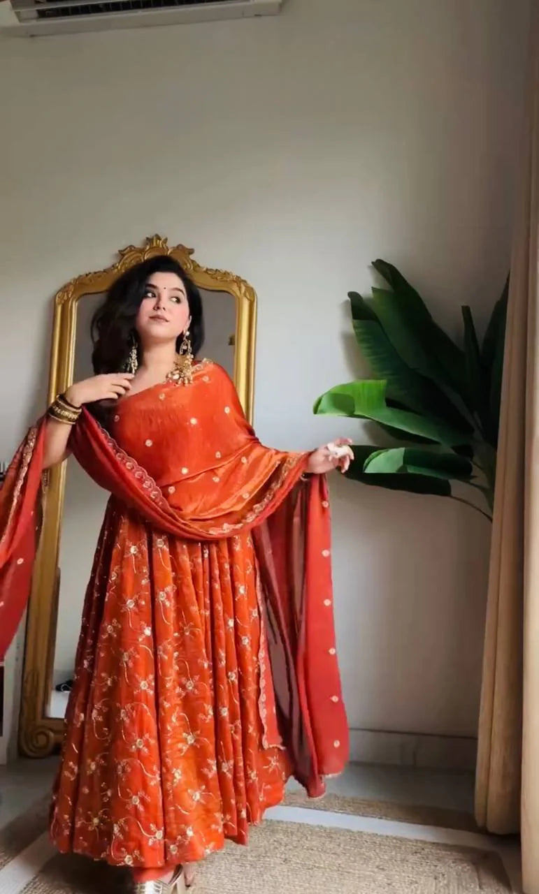 Radiant Elegance Burnt Orange Embroidered Anarkali Suit Set
