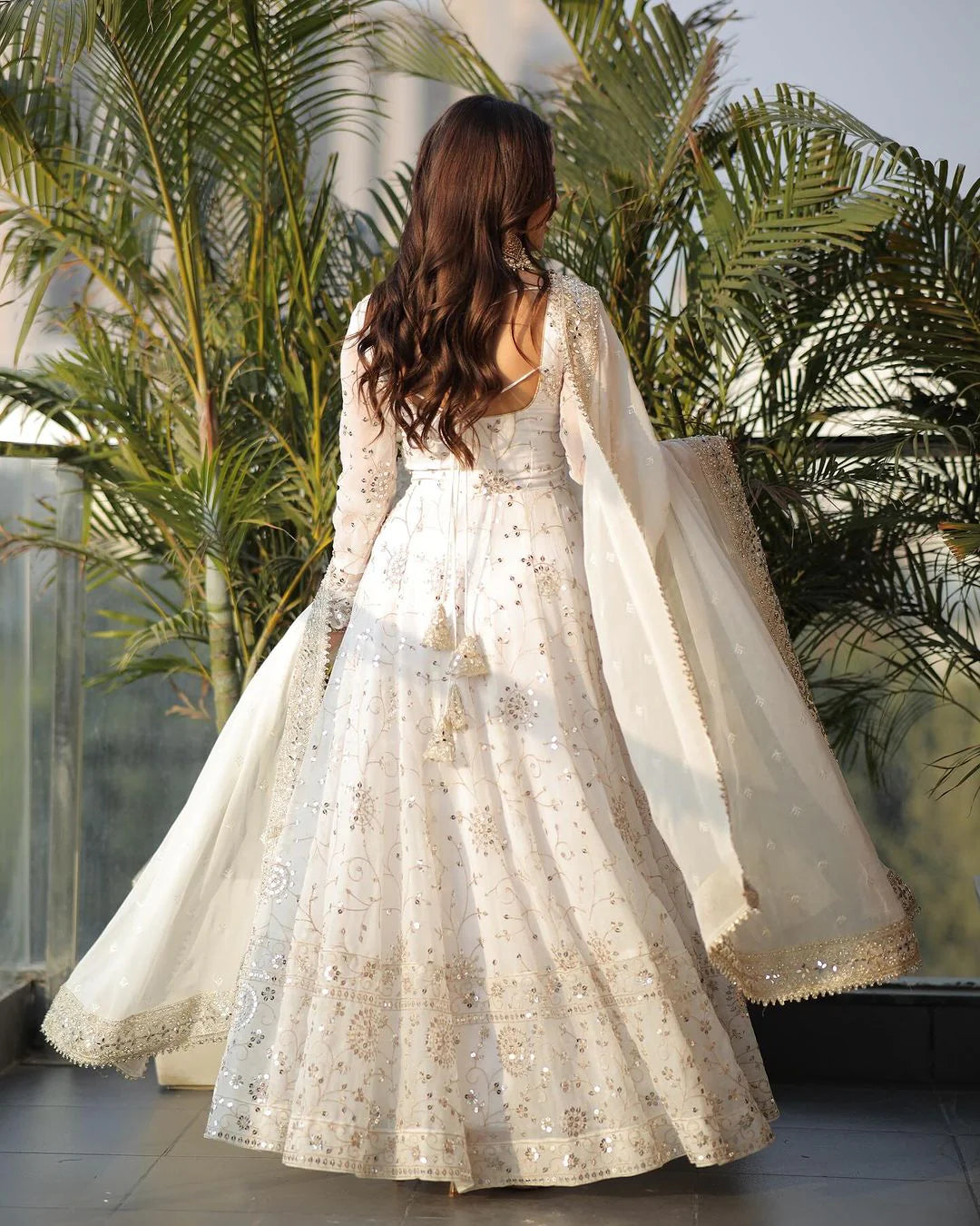 Full Heavy Work White Color Georgette Anarkali Gown