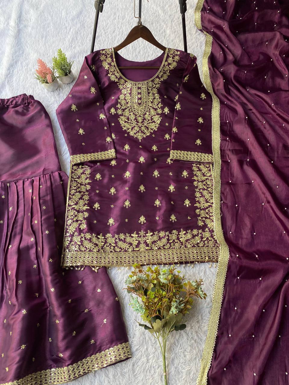 Heirloom Purple GMY Silk Sequence Embroidered Sharara Set with Bead Work Dupatta
