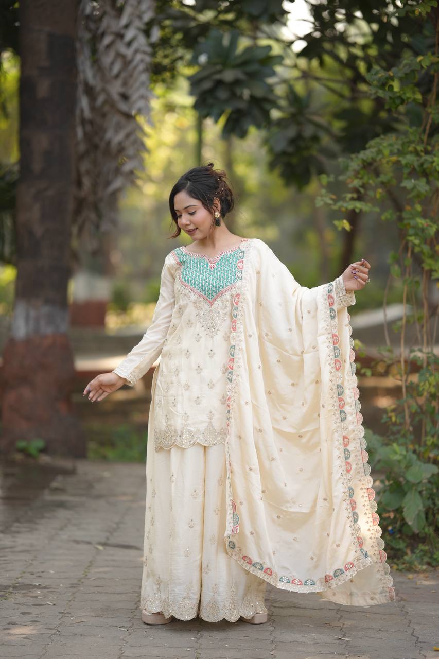 Zareen Cream Chinon Silk Embroidered Sharara Suit Set with Mirror Work Dupatta