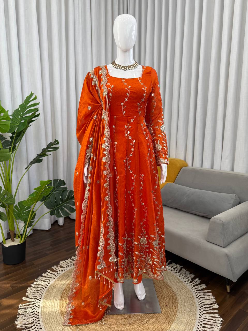 Orange Fendy Silk Embroidered Anarkali Set with Pant and Border Work Dupatta