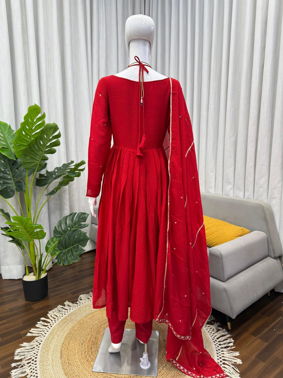 Red Chinon Silk Embroidered Top with Plazo and Lace Border Dupatta