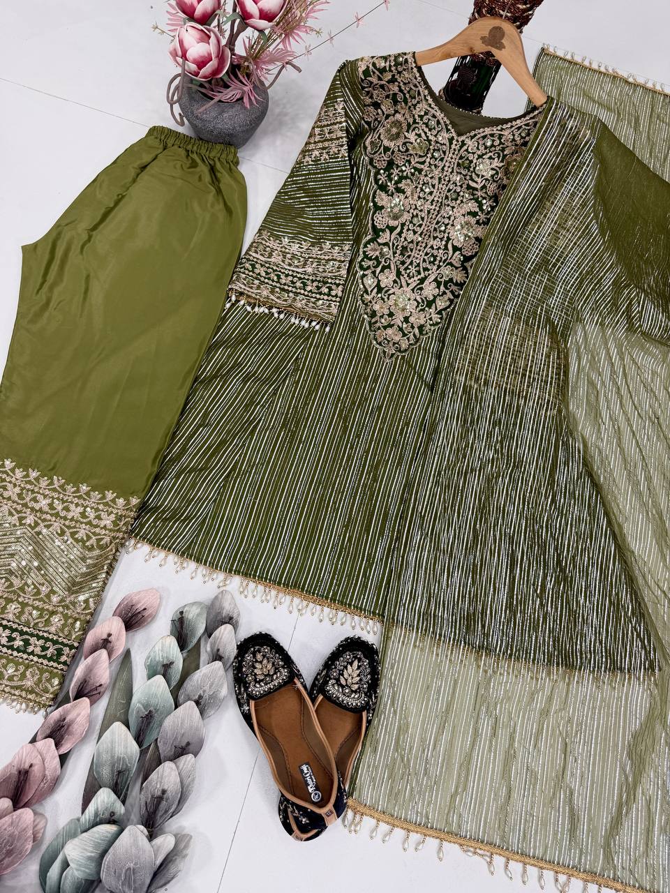 Noble Green Eid Special Heavy Embroidered Nylon Top with Soft Silk Plazzo and Lace Border Dupatta