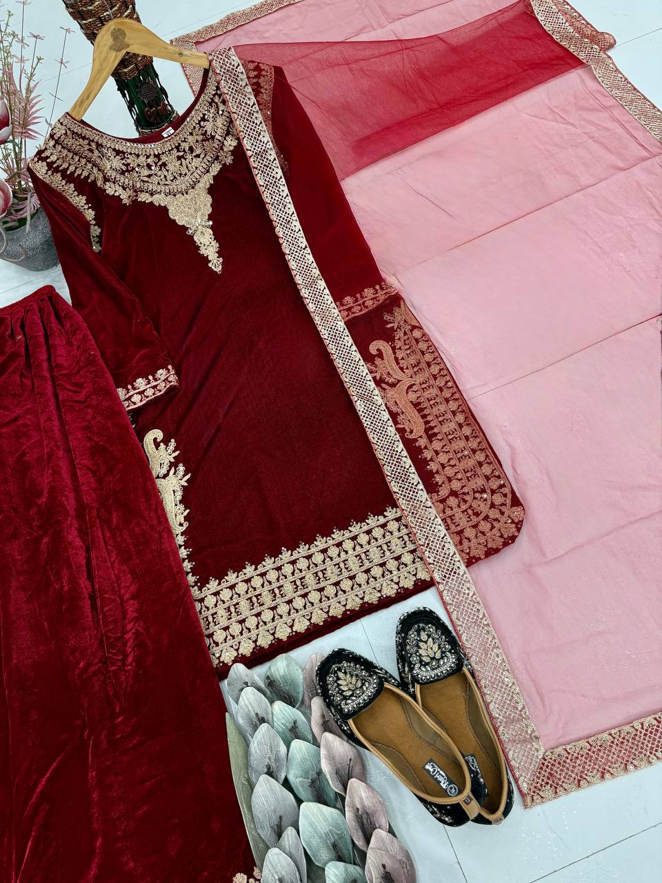 Maroon Embroidered Viscose Velvet Top with Umbrella Cut Palazzo and Soft Net Dupatta