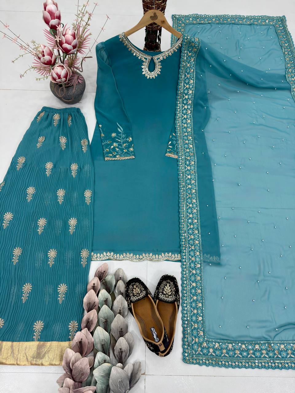 Regal Sea Blue Heavy Faux Georgette Embroidered Sharara Suit Set with Dupatta