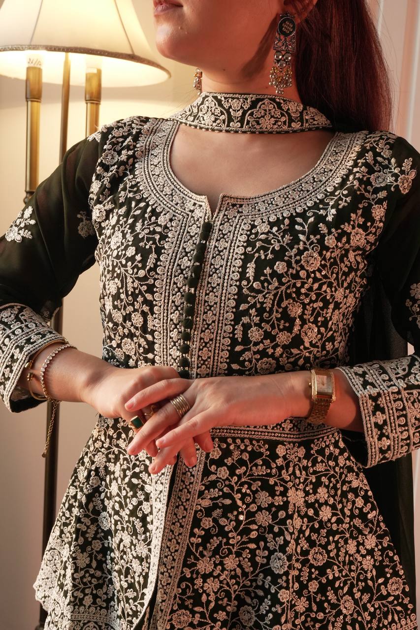 Green Embroidered Georgette Peplum Top Plazzo Set with Dupatta