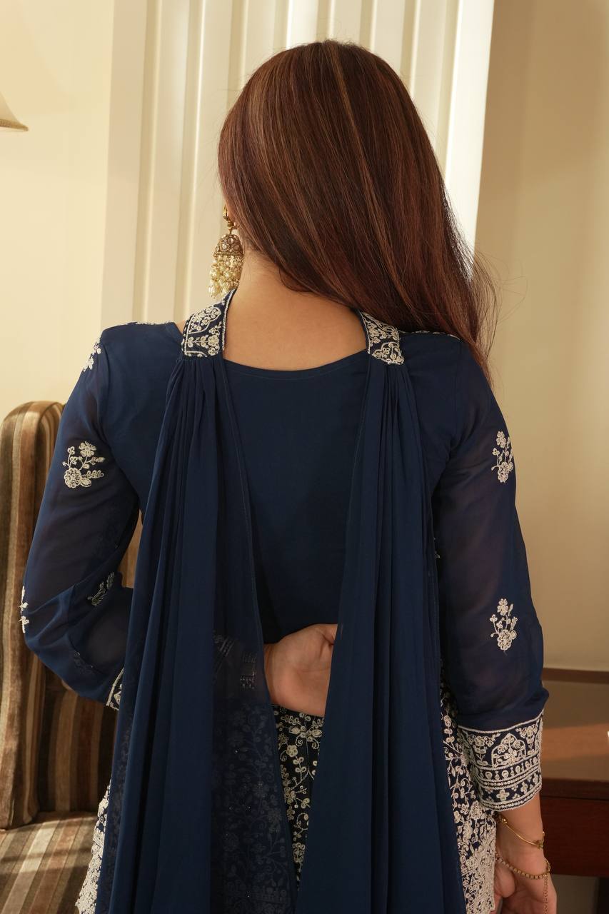 Navy blue Embroidered Georgette Peplum Top Plazzo Set with Dupatta