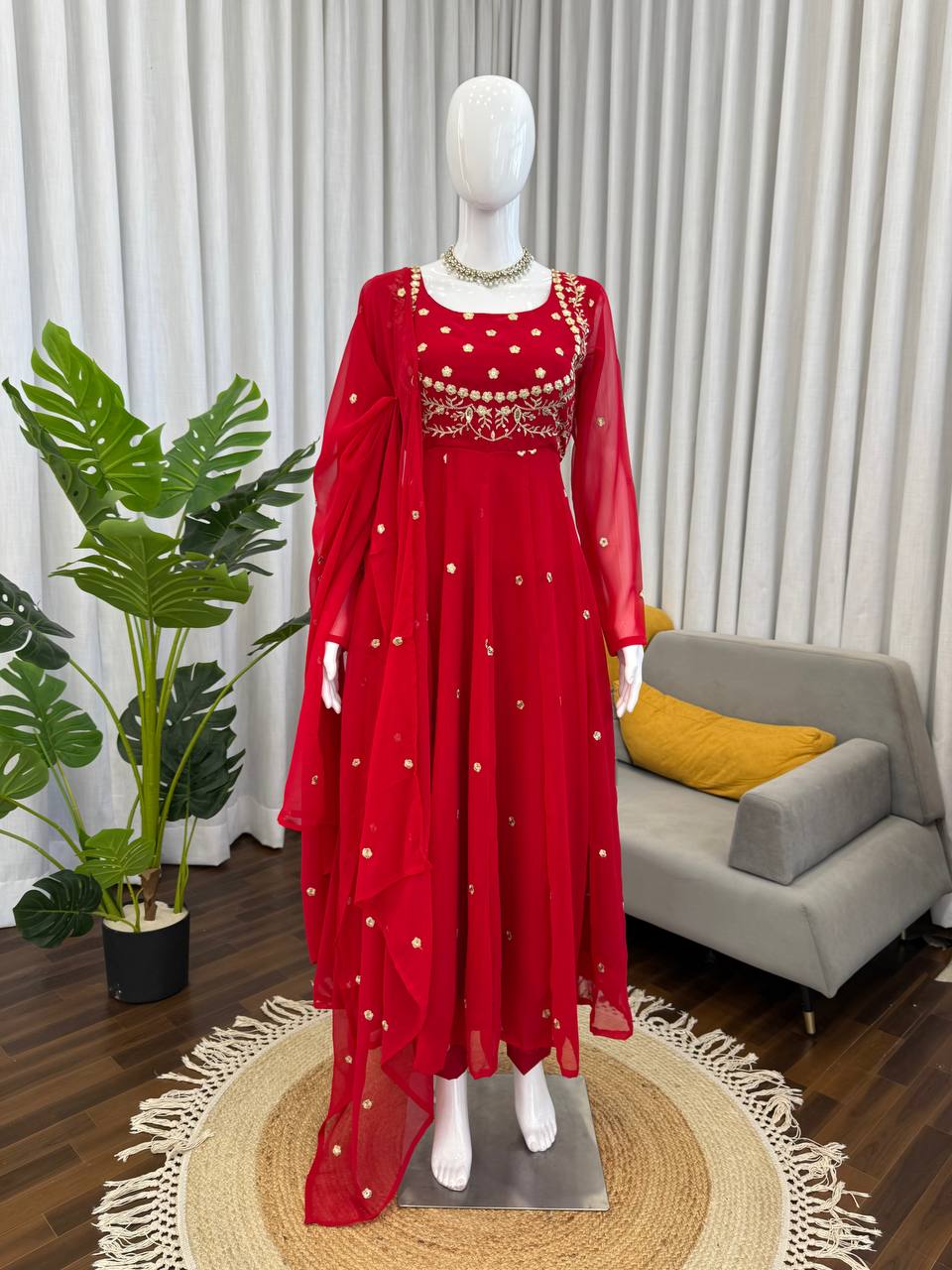 Red Heavy Faux Georgette Thread and Sequence Work Suit with Pant and Dupatta Set