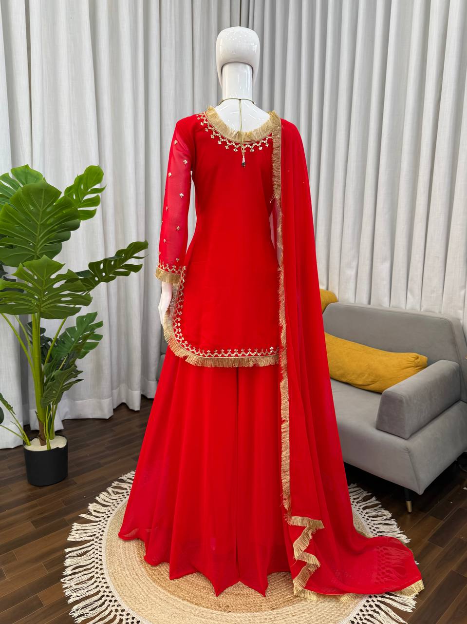 Red C by C Faux Georgette Thread and Sequence Work Sharara Set with Lace Dupatta