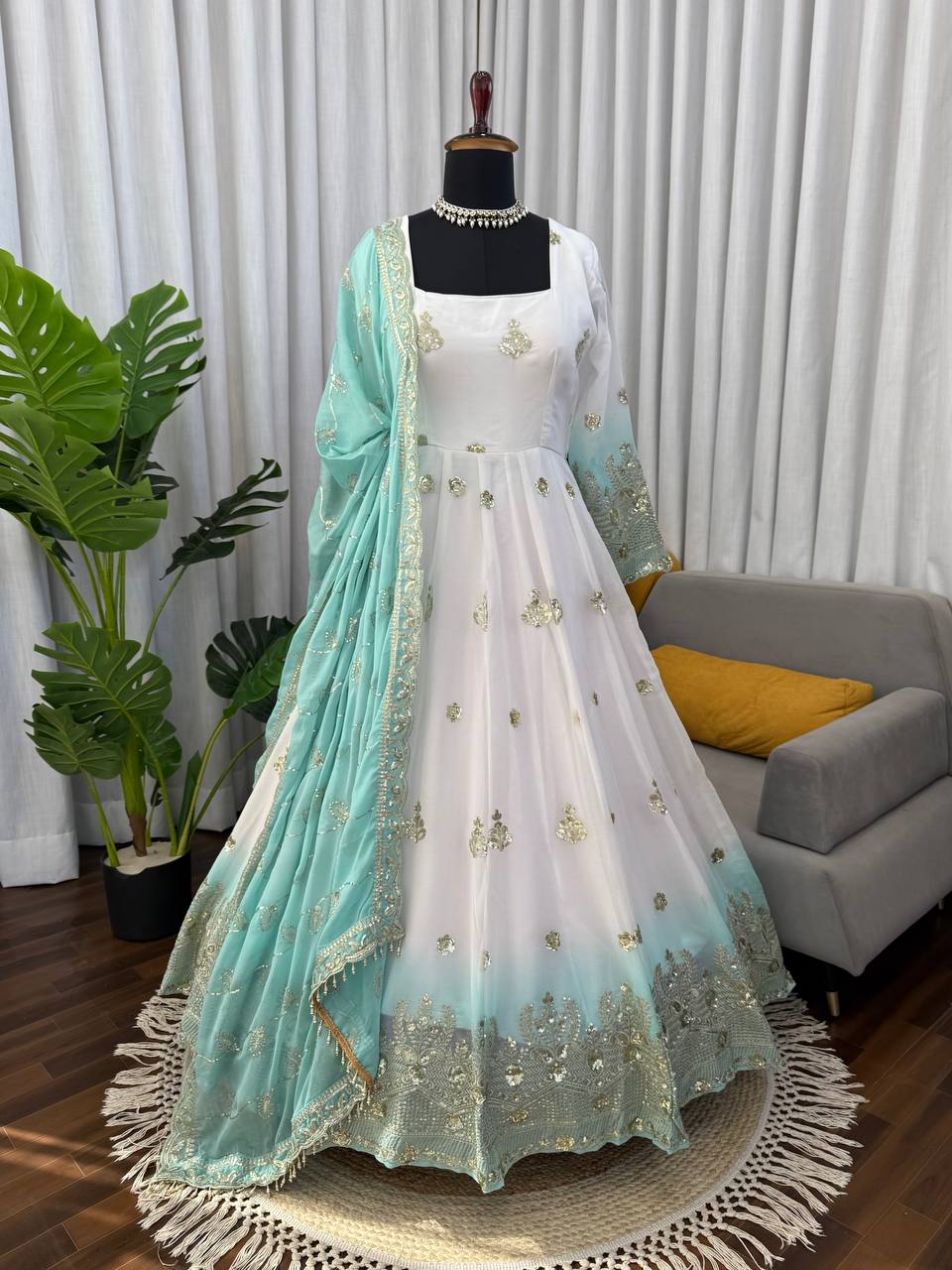 White And Rama Star Georgette Thread and Sequence Work Anarkali Set with Pant and Four-Side Border Dupatta