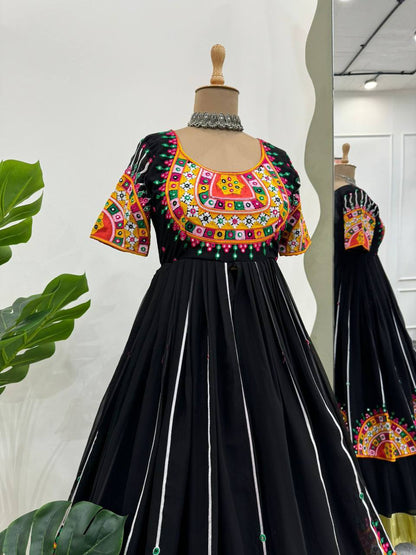 Black Faux Georgette Chinestitch 9mm Sequence Work Top with Semi-Stitched Lehenga