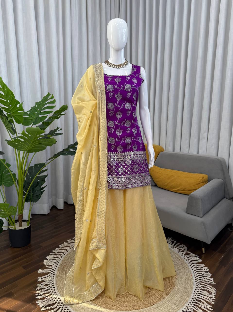 Purple Jequard Thread and Sequence Work Top with Crunchy Silk Palazzo and Four-Side Border Dupatta