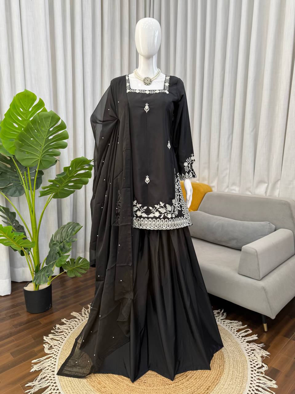 Black Heavy Natural Crepe Thread and Sequence Work Palazzo Set with Tibby Silk Moti Dupatta