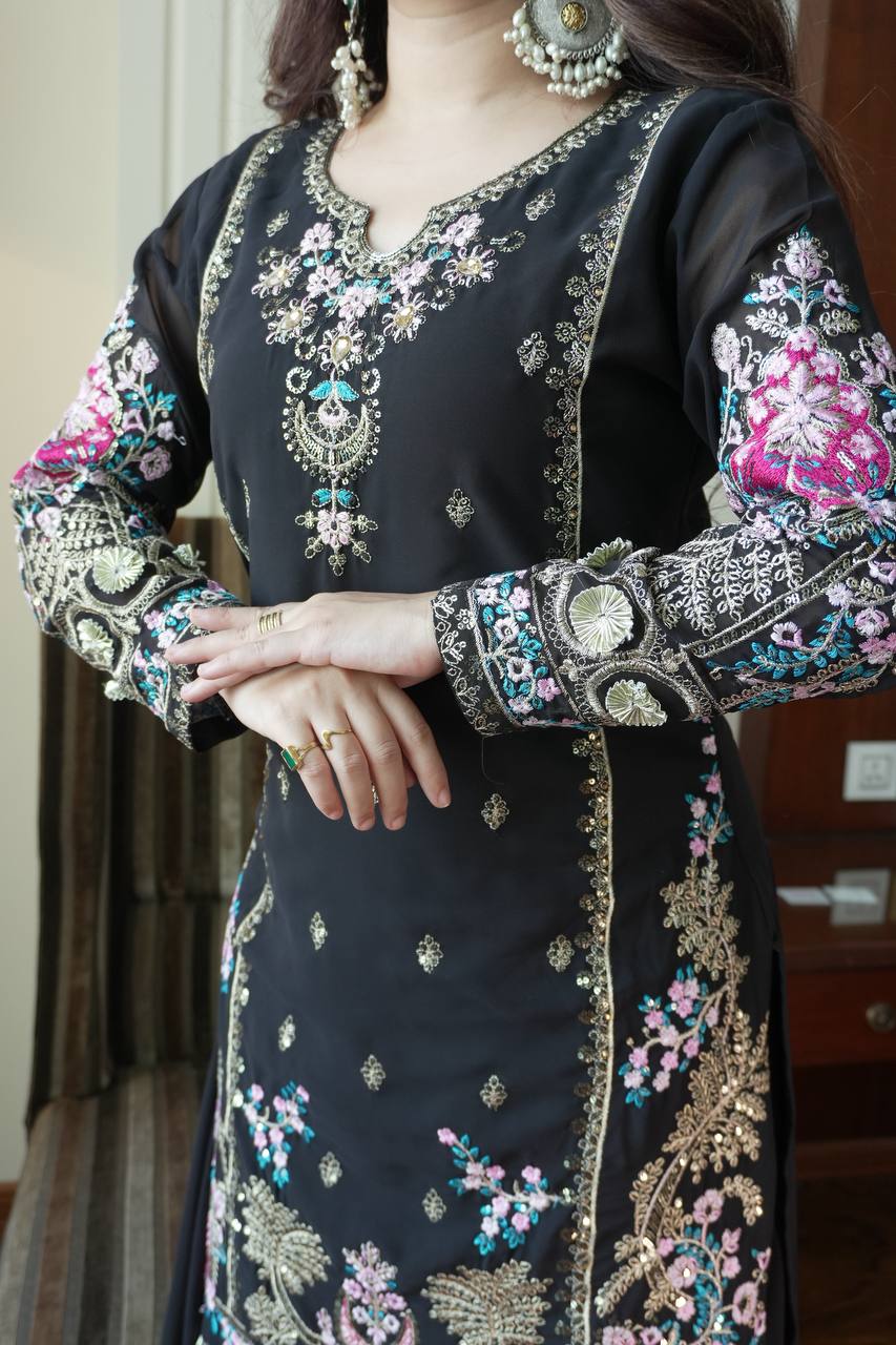 Black Fox Georgette Sequence Embroidery Kurti with Circular Palazzo and Dupatta