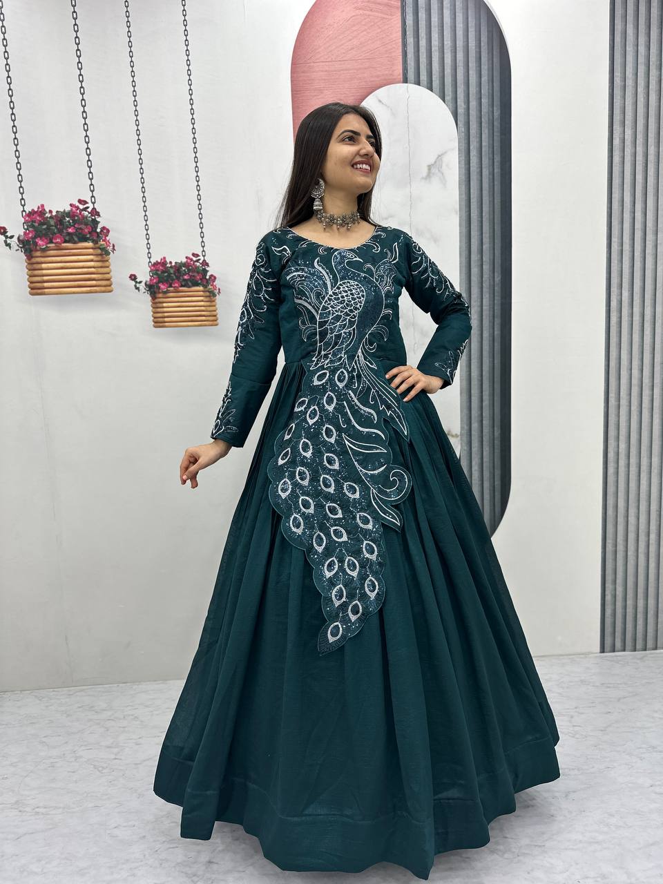 Forest Green Vichitra Silk Heavy Embroidery Sequence Work Gown