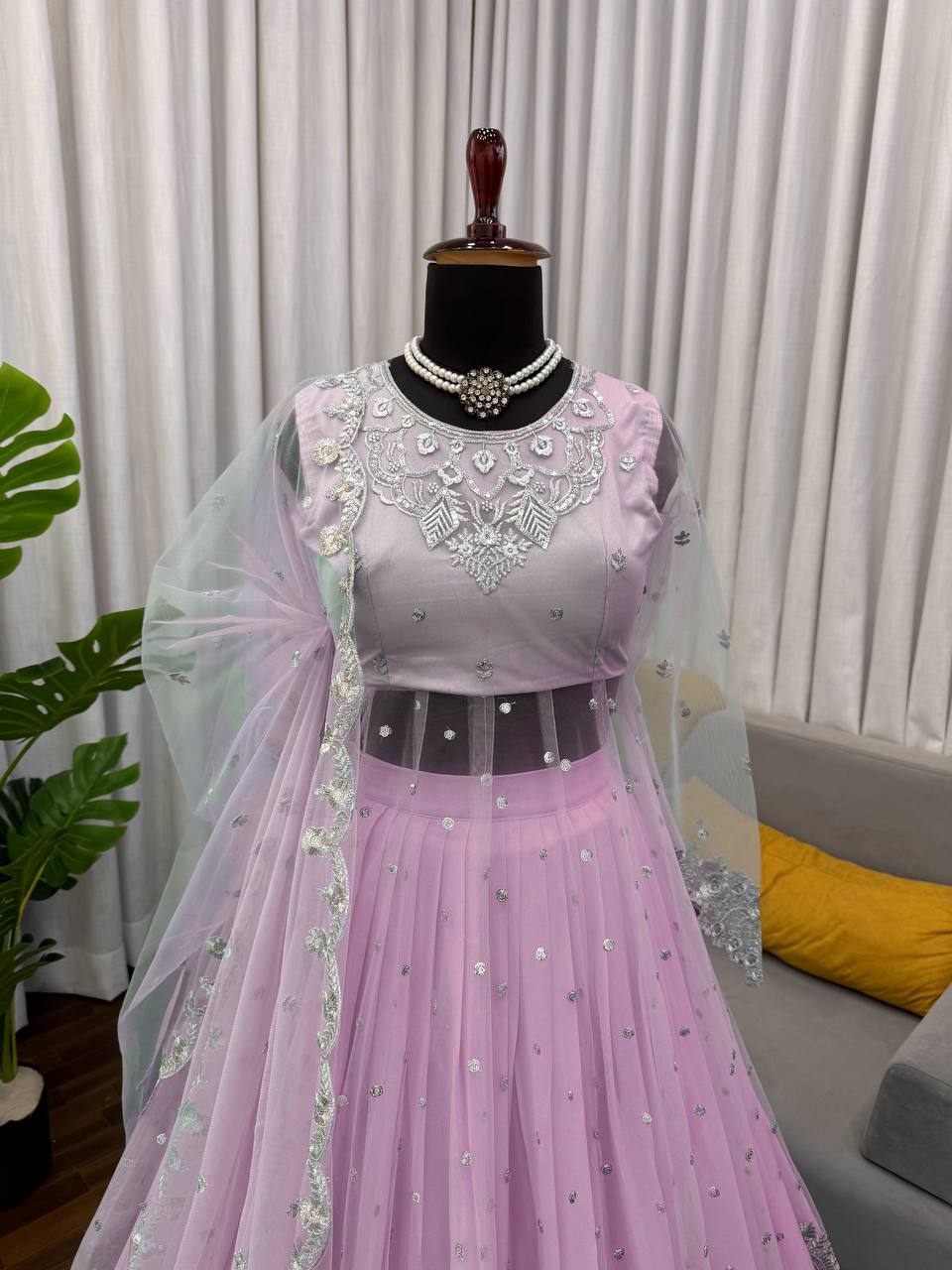 Light Pink Faux Georgette Thread and Sequence Work Gown with Lehenga Set