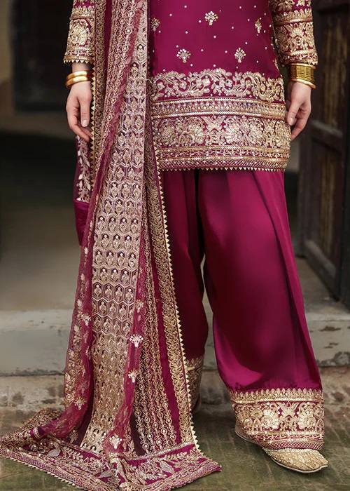 Royal Rani Pink Natural Crepe Thread and Sequence Work Top with Farshi Salwar Set