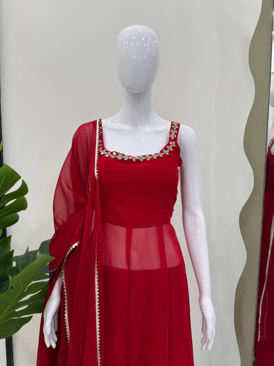 Red Faux Georgette Handwork Real Mirror Top with Palazzo and Dupatta Set