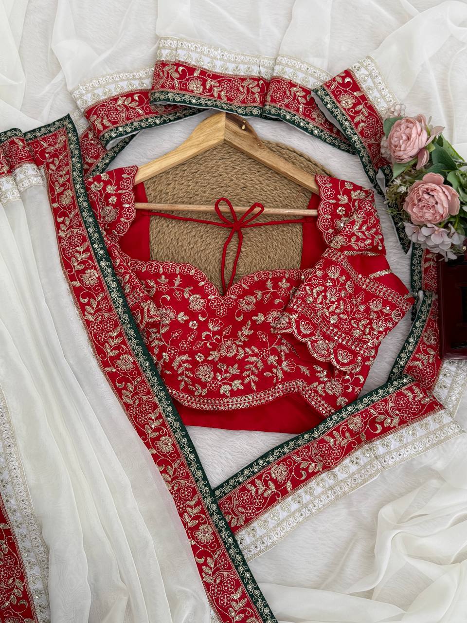 White Classic Marodi And Mirror Embroidered Saree
