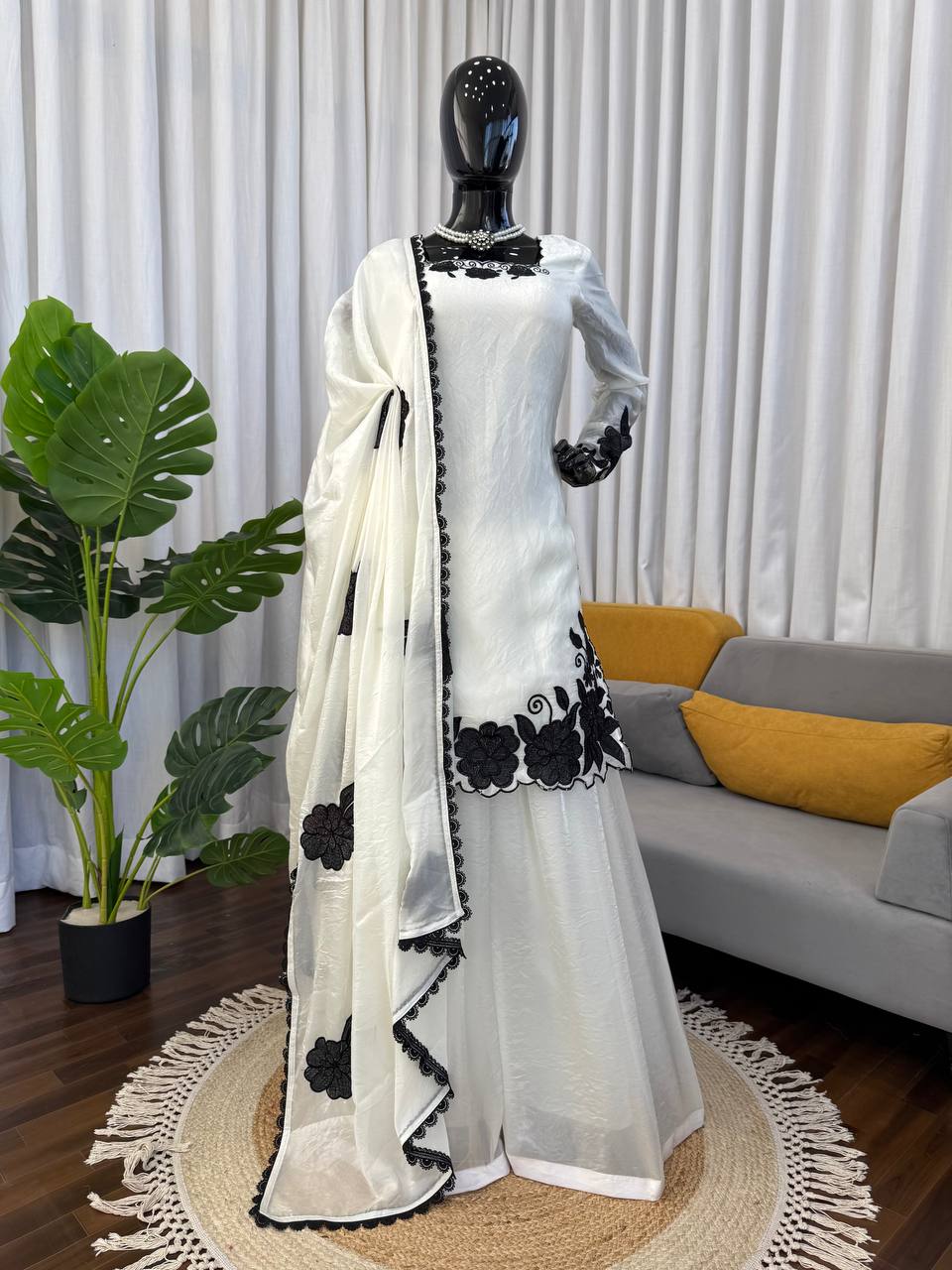 White With Black Embroidered Work Suit Set