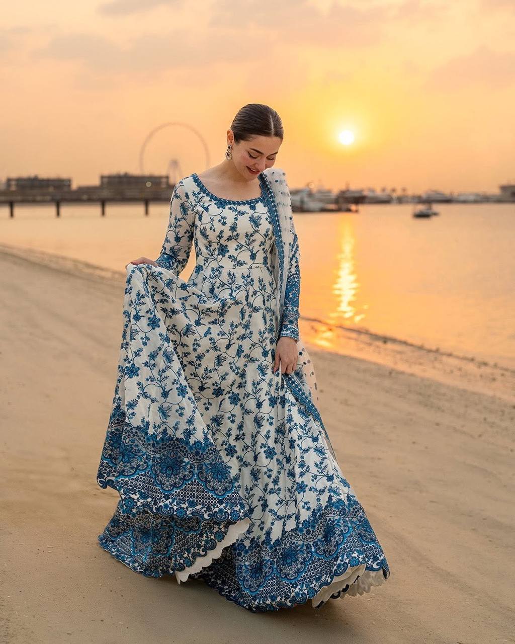 Blue And White Color Printed Anarkali Gown