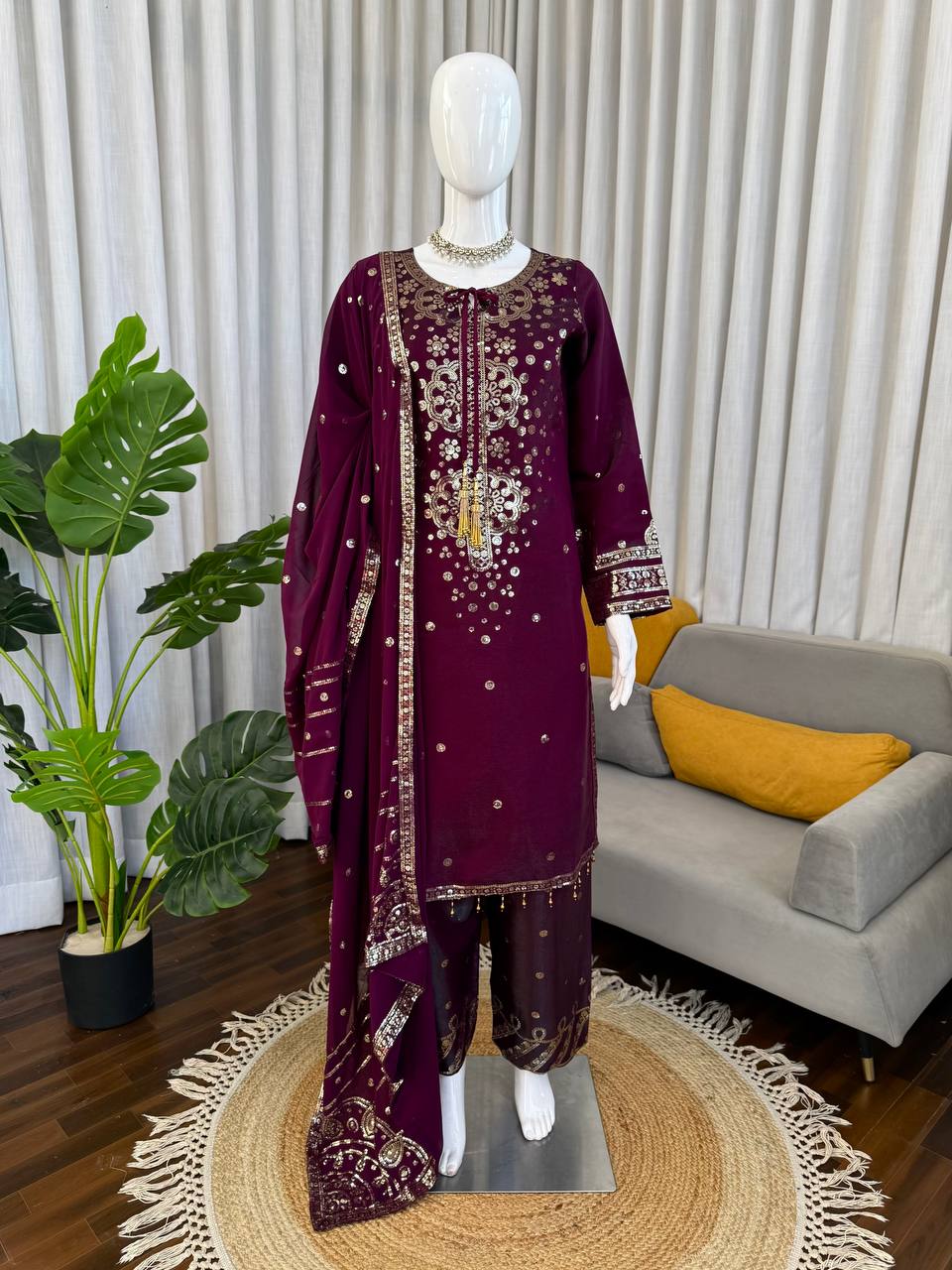 Deep Wine Embroidered Festive Suit Set