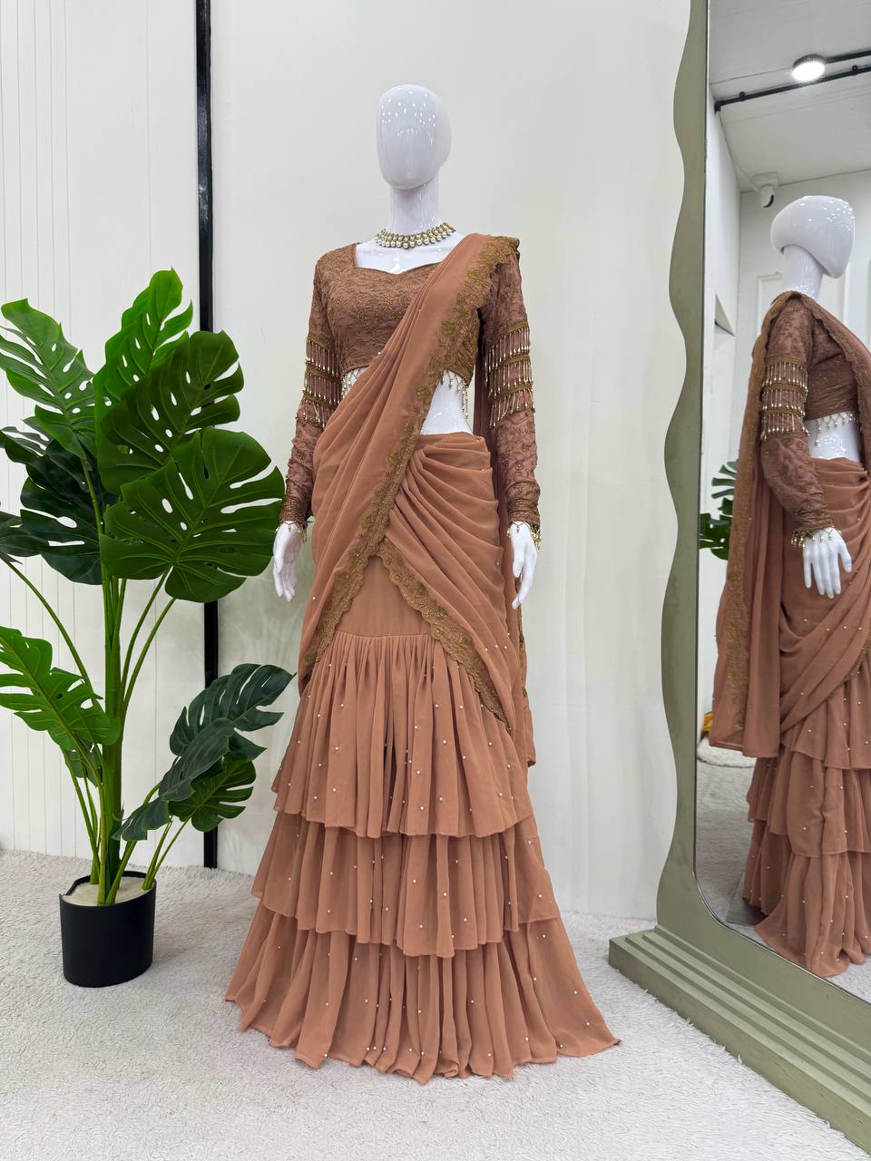Peach Color Saree with Embroidered Blouse Set