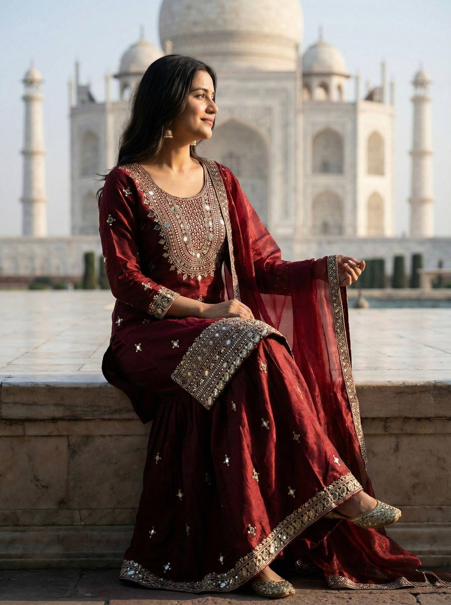 Ruby Port GMY Silk Embroidered Sharara Set with Mirror Work and Lace Border Dupatta