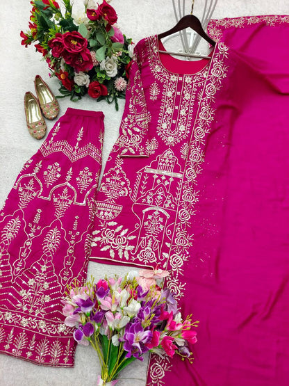 Rani Pink CP Vicitra Silk Embroidered Top and Sharara Set with Matching Dupatta