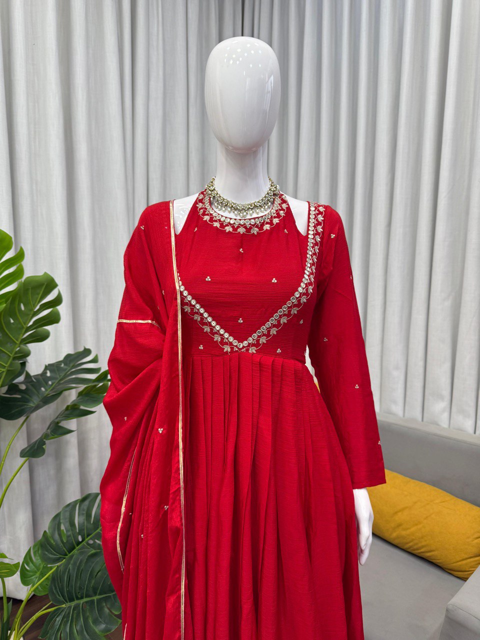 Red Chinon Silk Embroidered Top with Plazo and Lace Border Dupatta