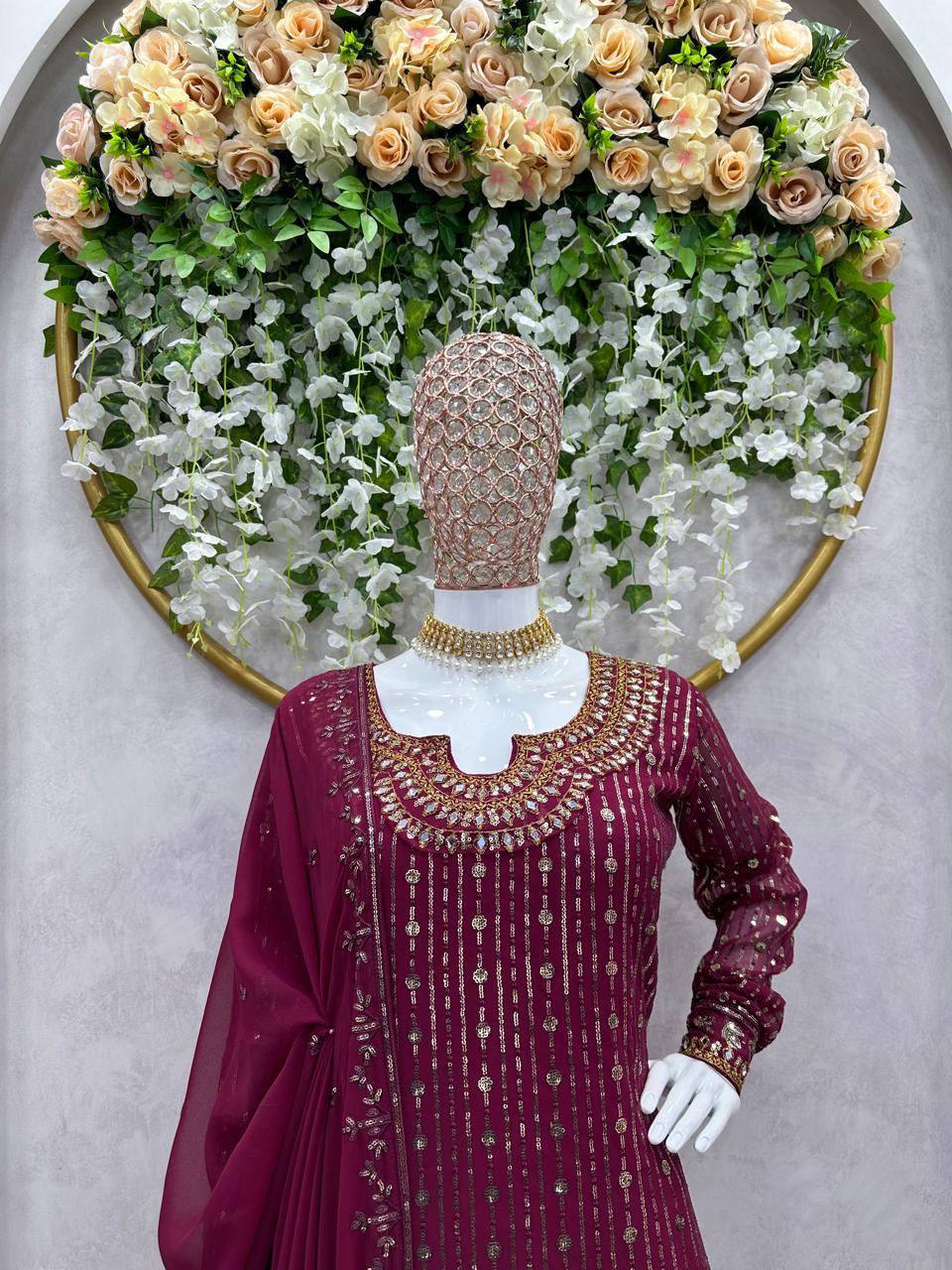 Maroon Faux Georgette Mirror Work Top with Pant and Embroidered Dupatta