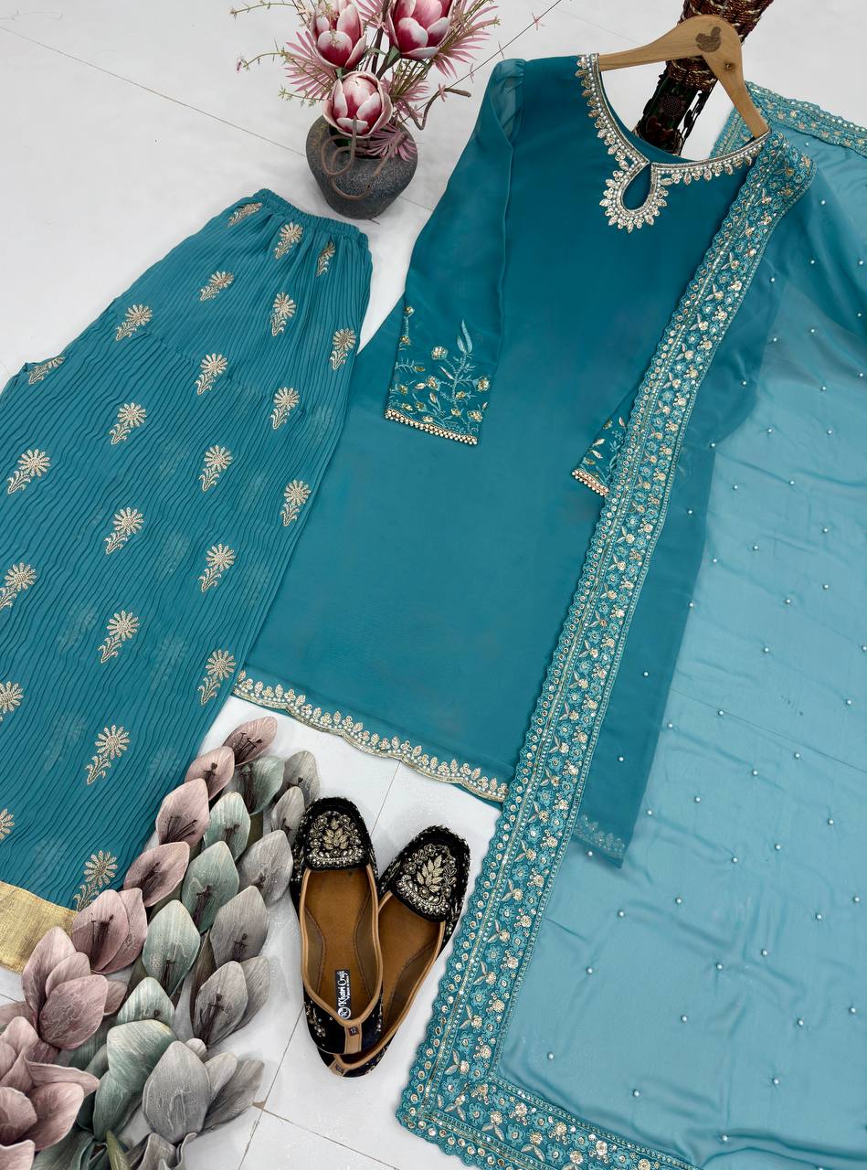 Regal Sea Blue Heavy Faux Georgette Embroidered Sharara Suit Set with Dupatta