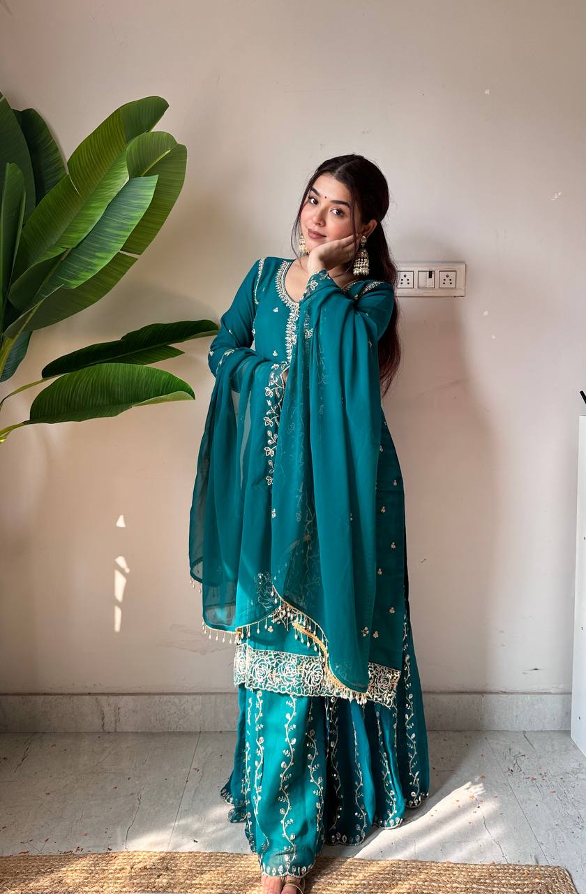 Teal Royal EID Special Faux Georgette Embroidered Gharara Suit Set with Dupatta