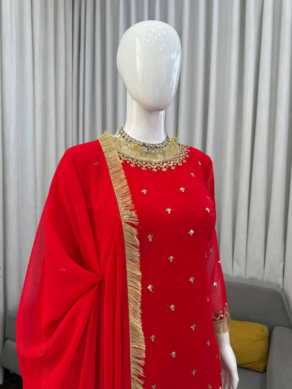 Red C by C Faux Georgette Thread and Sequence Work Sharara Set with Lace Dupatta
