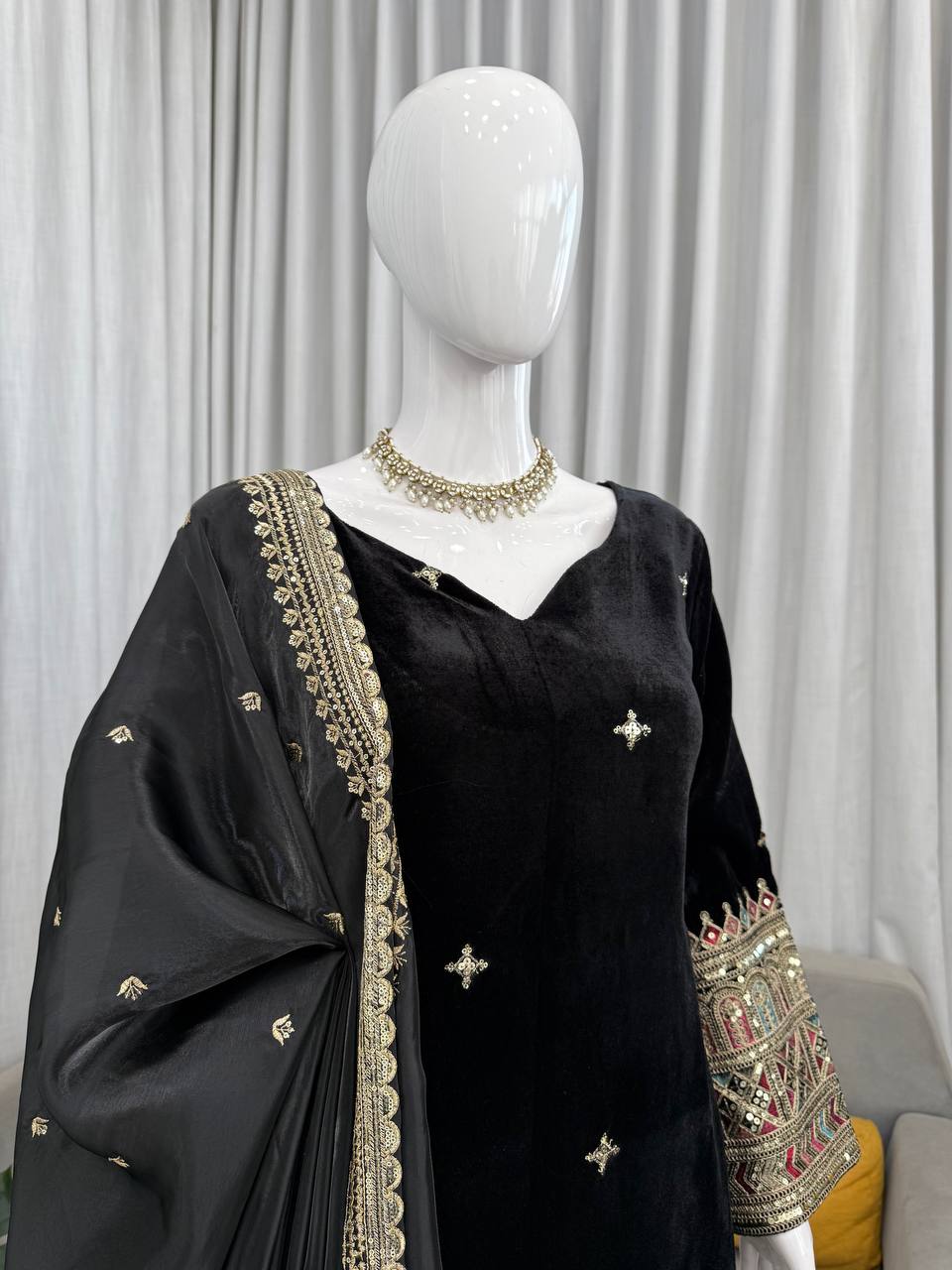 Black Heavy Velvet Coding and Sequence Work Palazzo Set with Tibby Silk Dupatta