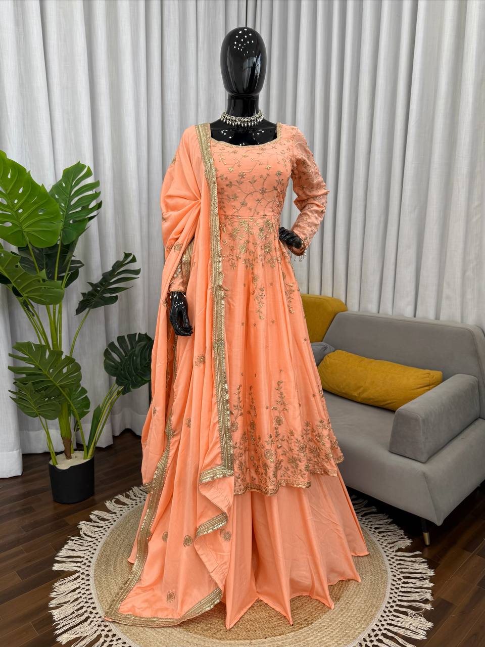 Orange colour Heavy Chinon Silk Thread and Sequence Work Gown with Lehenga and Dupatta Set