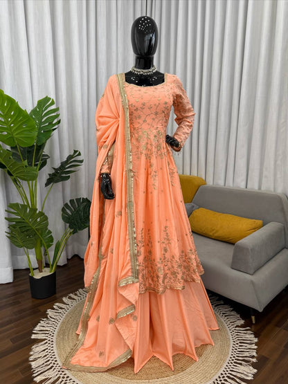 Orange colour Heavy Chinon Silk Thread and Sequence Work Gown with Lehenga and Dupatta Set