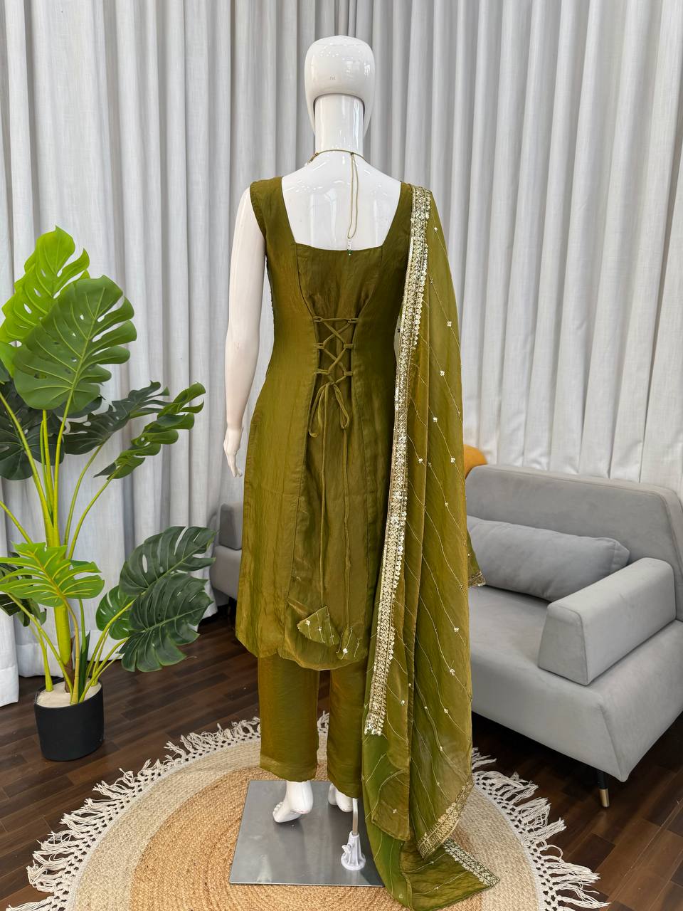 Mehndi Heavy Fendy Silk Thread and Sequence Work Top Pant Set with Dupatta