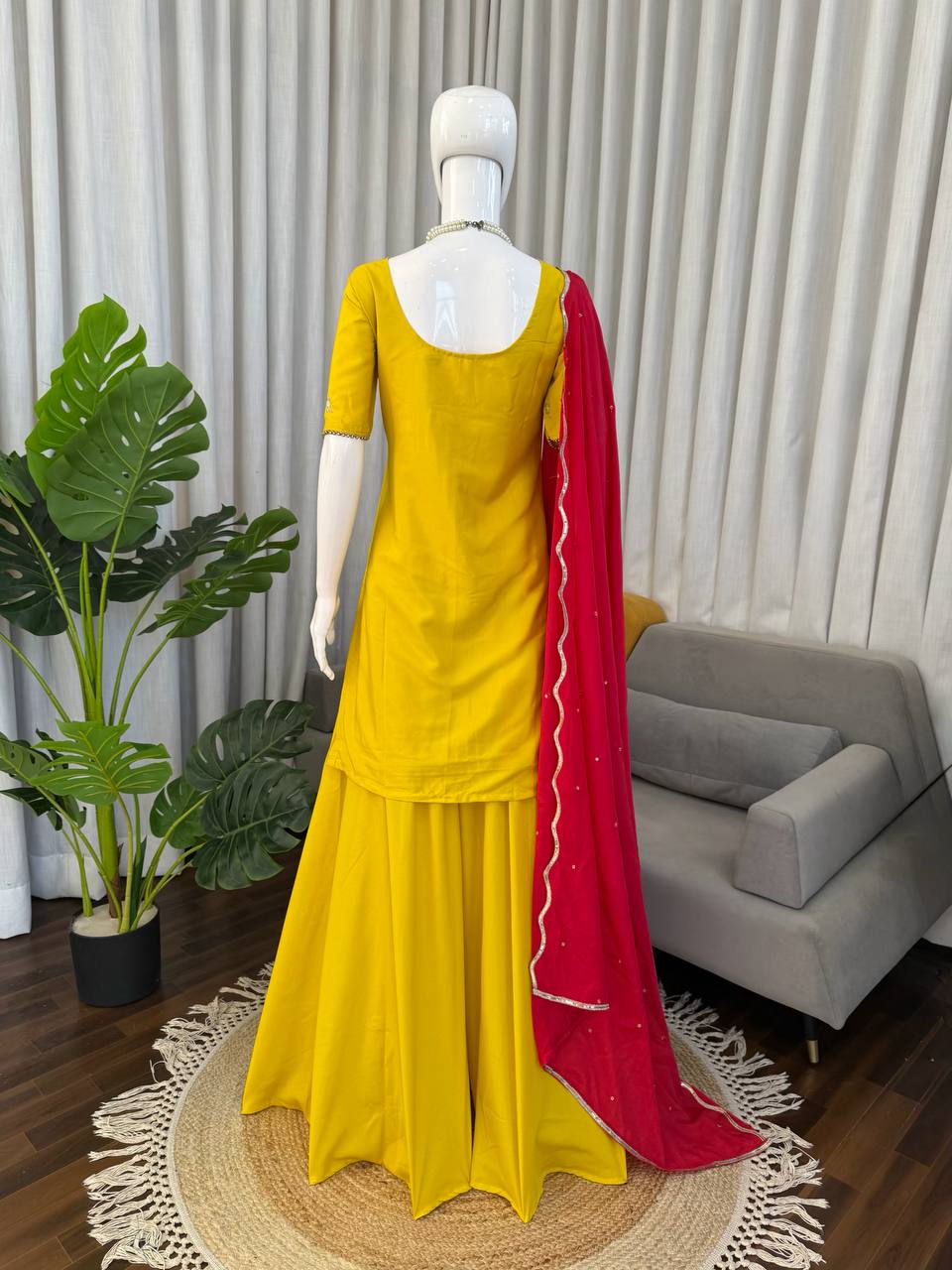 Saffron Yellow Natural Crepe Silk Thread and Sequence Work Sharara Set with Chinon Silk Dupatta