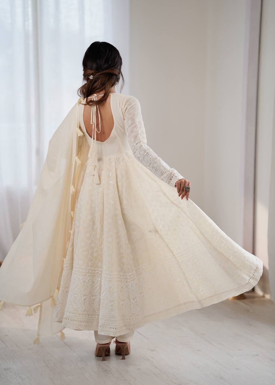 Beige Pure Kora Cotton Schiffli Work Anarkali Gown Set with Bottom and Dupatta